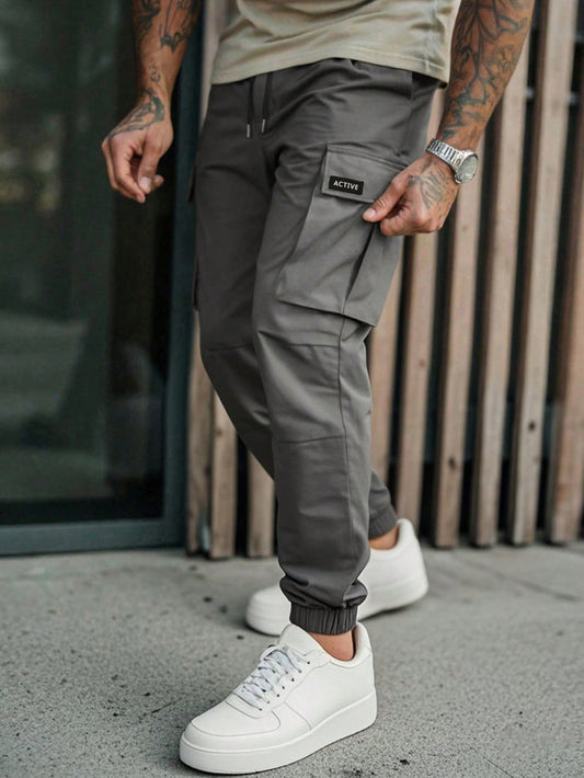 Manfinity LEGND Men'S Elastic Waistband Casual Cargo Pants, Cargo Style Joggers Men Pants Cargo Pants Men Joggers