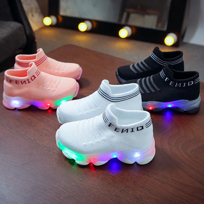 Kids Sneakers Children Baby Girls Boys Letter Mesh Led Luminous Socks Sport Run Sneakers Shoes Sapato Infantil Light up Shoes