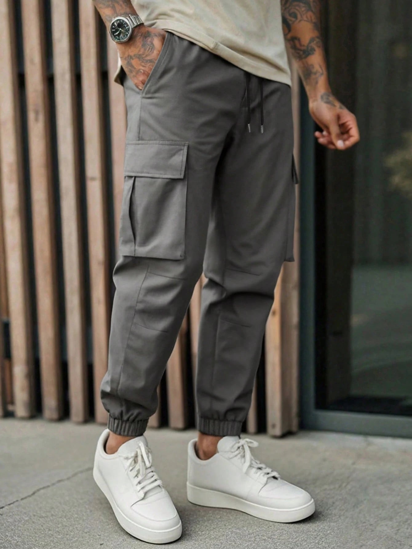 Manfinity LEGND Men'S Elastic Waistband Casual Cargo Pants, Cargo Style Joggers Men Pants Cargo Pants Men Joggers