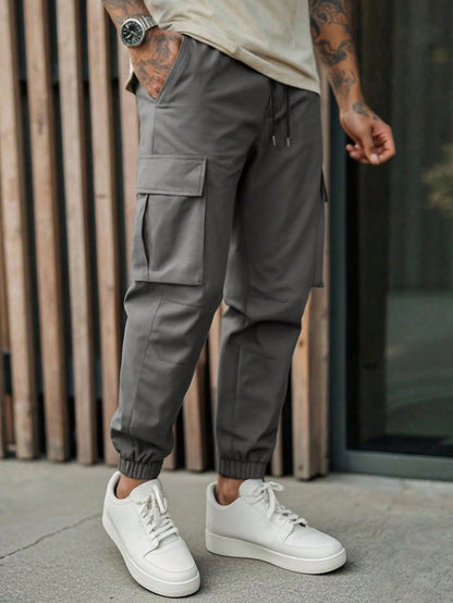 Manfinity LEGND Men'S Elastic Waistband Casual Cargo Pants, Cargo Style Joggers Men Pants Cargo Pants Men Joggers